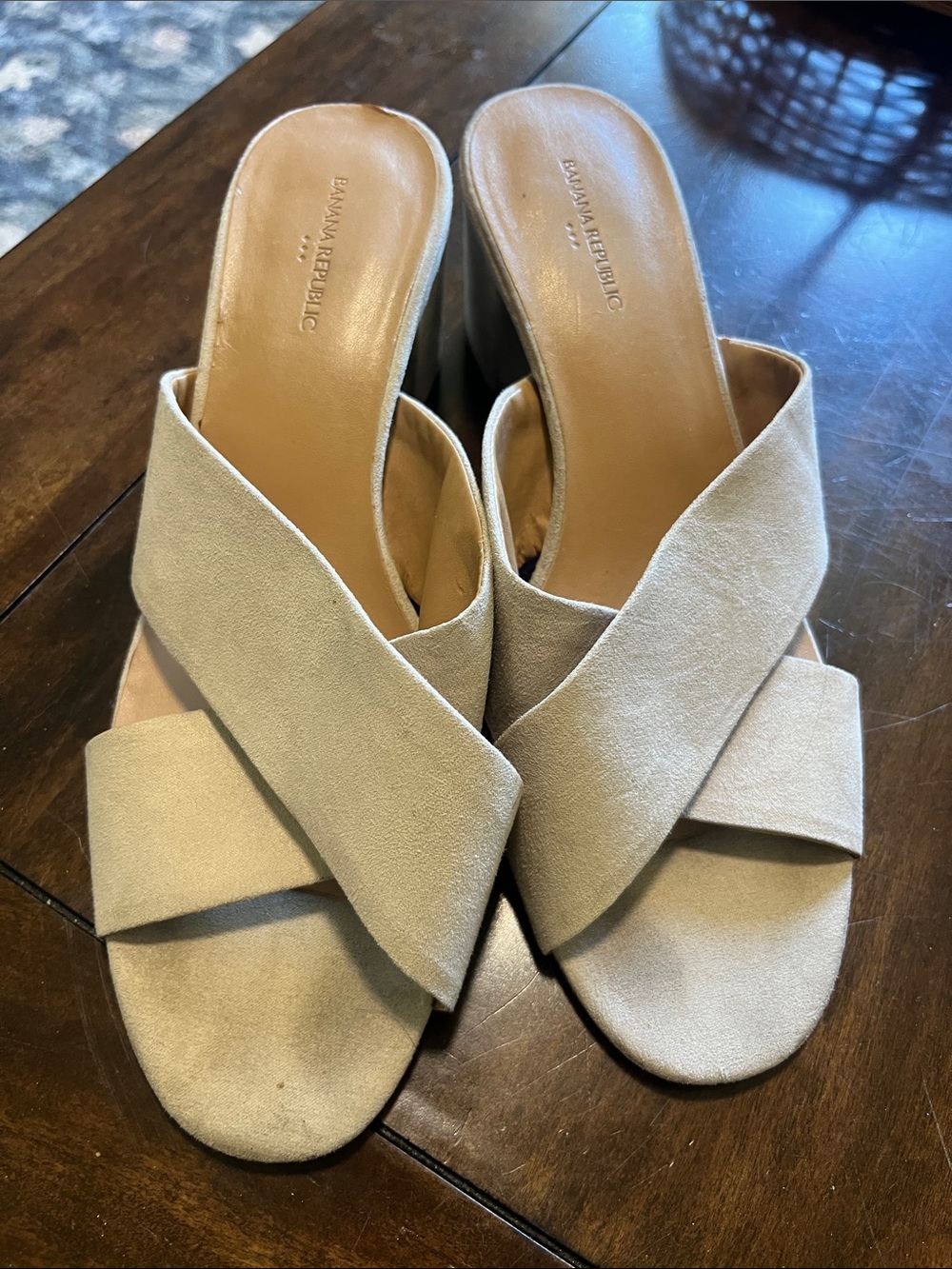 Banana Republic Taupe Cross-Band Suede Slide Mules
